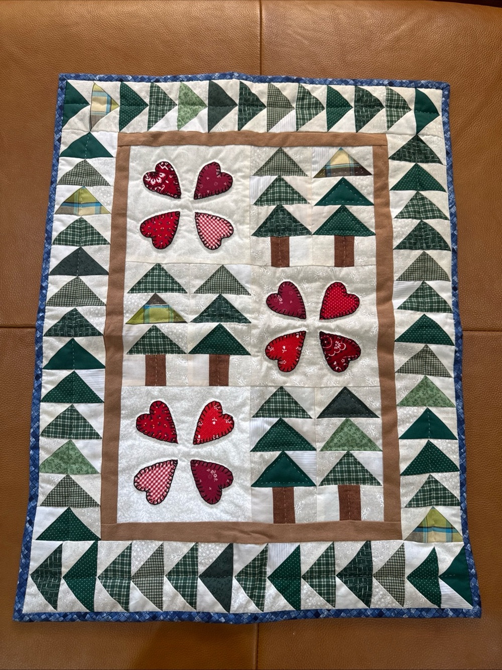 Hand Quilted Wall Hanging Pine Trees & Hearts Folk Art Quilt 25x20 Cabin Decor